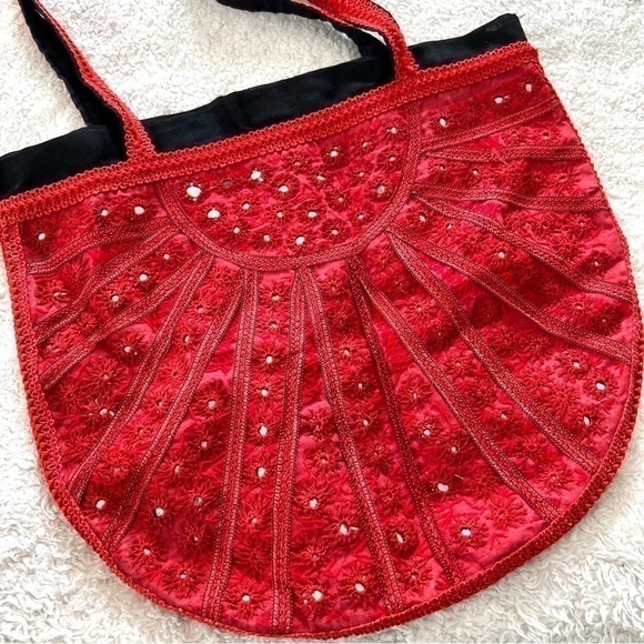Handmade Red & Black Micro Mirror Boho Witchy Tote Bag - Picture 6 of 11